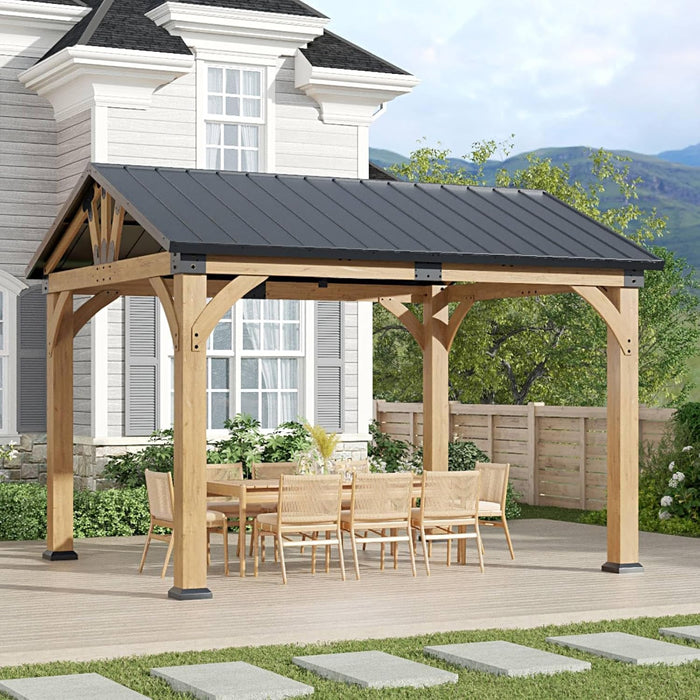 10X12 Ft Cedar Wood Gazebo, Hardtop Gazebo with Galvanized Steel Peak Roof, Outdoor Pavilion for Garden, Backyard, Patio, Deck