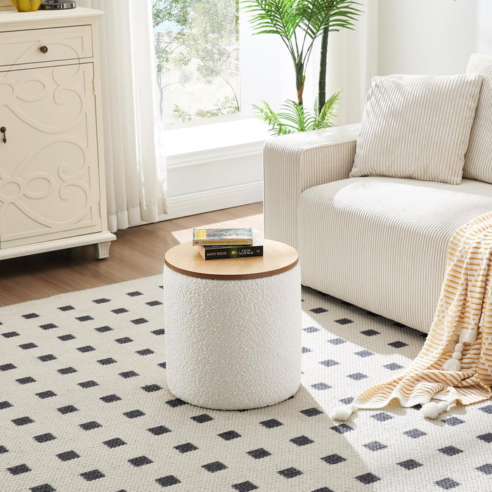 Modern round Ottoman with Storage, 16 Inch Dorm Boucle Ottoman Small Coffee Table, Multi-Functional Wood Foot Rest Stool, Extra Seating Chair for Dorm, Living Room Couch, Bedroom, Off-White