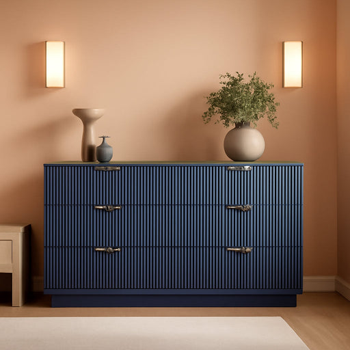 7 Drawer Fluted Dresser with Deep Drawers for Bedroom, Blue丨55 Wide Mid Century Dresser, Modern Chest of Drawers, Wood TV Stand Storage Organizer for Closet, Living Room, Hallway