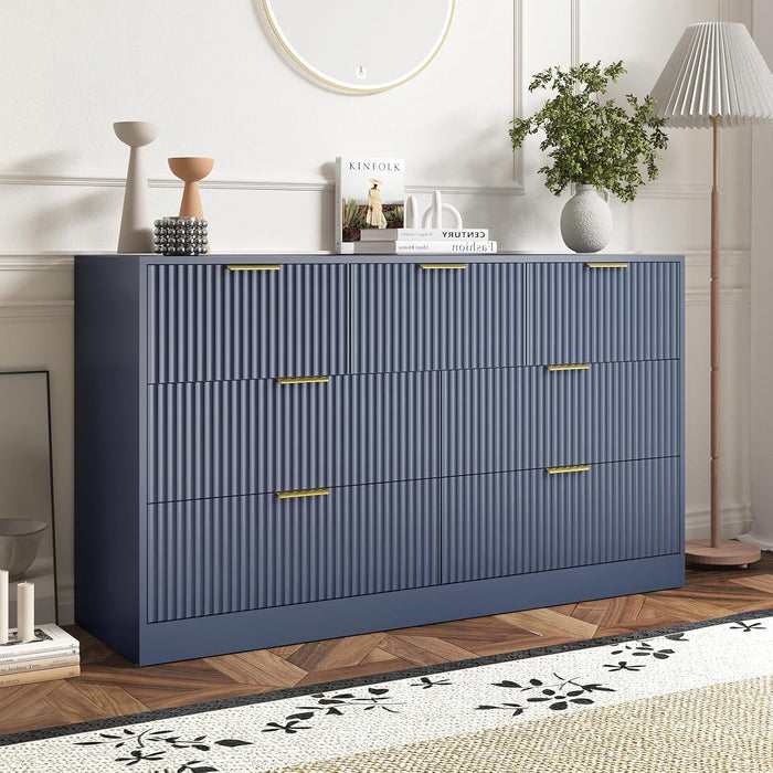 7 Drawer Fluted Dresser with Deep Drawers for Bedroom, Blue丨55 Wide Mid Century Dresser, Modern Chest of Drawers, Wood TV Stand Storage Organizer for Closet, Living Room, Hallway