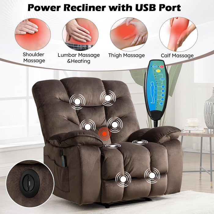 2-Piece Recliner Sofa Couch Set, Include Single Power Electric Recliner Chair with Massage& Heat and 3-Seater Manual Reclining Sofa for Living Room Bedroom, Brown