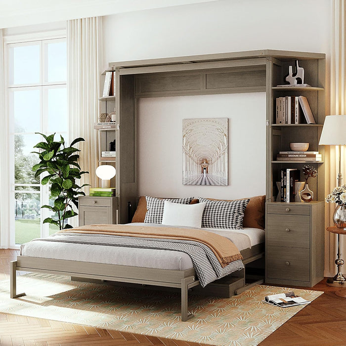 Queen Size Murphy Bed with Desk and Storage, Hidden Foldable Wall Bed with Foldout Workstation, Shelves and Cabinets for Space-Saving Home Office Guest Room, Gray