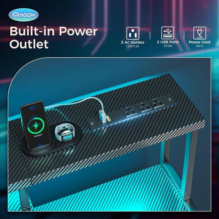 Computer Desk, 48 Inch Gaming Desk with Led Lights & Power Outlet, Office Desk with Printer Storage Shelves, Reversible Desk with Monitor Shelf & Headphone Hook, Carbon Fiber Black