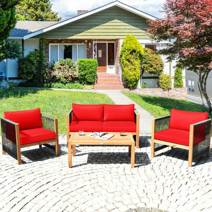 4 Pieces Acacia Wood Sofa Set with Cushions for Outdoor Patio