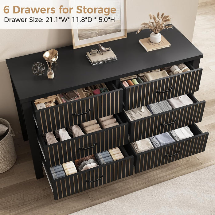 47" Wide Fluted 6 Drawer Dresser for Bedroom, Black