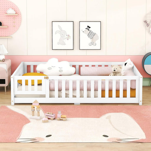 Full Size Floor Bed for Kids, Wood Montessori Bed with Slats, Safety Fence & Door, Playhouse Floor Bed Frame with Rails for Girls Boys Teens (White, Full)