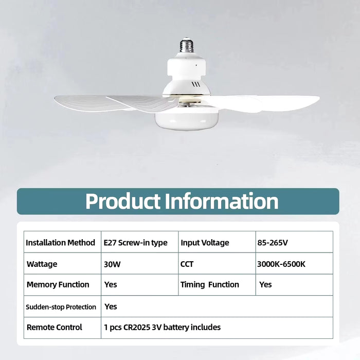 30W Ceiling Fan with Remote Control LED Light Fan E27 Base, Intelligent Silent Ceiling Fan for Bedroom and Living Room