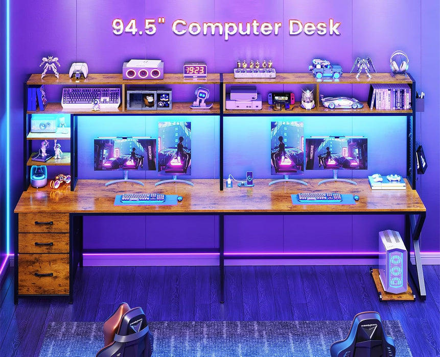 L Shaped Desk with Hutch and 3 Drawers, Convertible 94.5" Computer Desk with File Drawer, L Shaped Office Desk with Power Outlet, LED Lights, Storage and Pegboard for Home Office, Brown