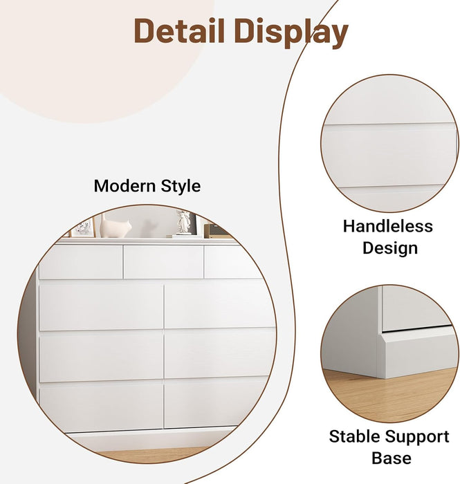 9-Drawer Dresser for Bedroom, 47.2" Wide Handleless Design, White
