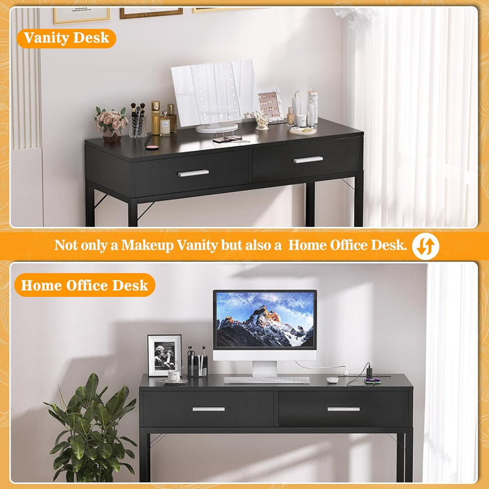 Vanity Desk with Mirror and Lights, 36'' Makeup Vanity Desk with Power Outlet, Small Vanities Set Dressing Table with Drawers for Bedroom, Black