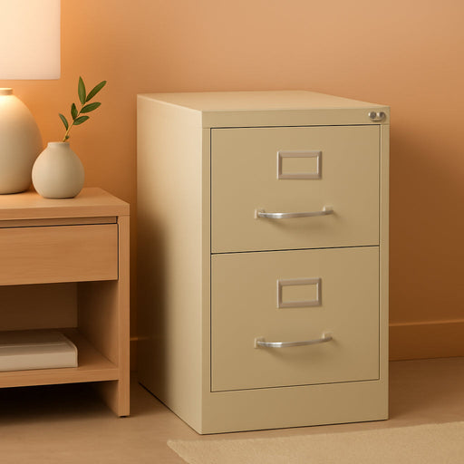 2 Drawers 28.38" Vertical Beige Metal Filing Cabinet Lockable Pre-Assembled Stationary Letter Size for Home, Office