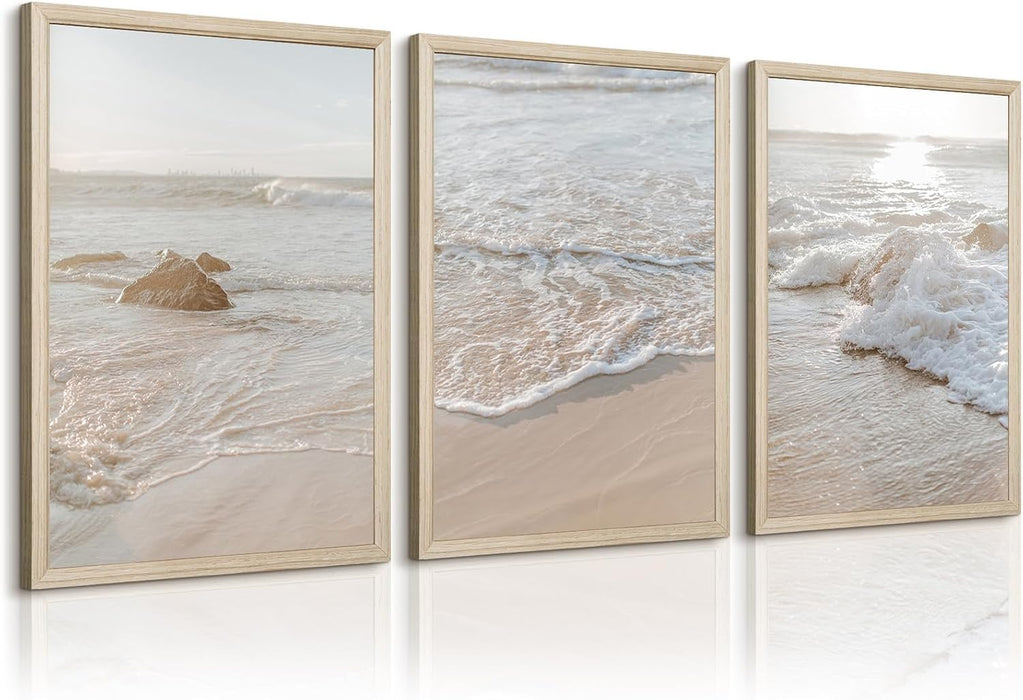 Beach Wall Art Decor Coastal Wall Art Pictures Ocean Canvas Wall Art Beige Beachy Wall Decor Boho Beach Prints Ocean Painting Coastal Artwork for Bedroom Living Room 16X24 Inch Wood Framed Set of 3