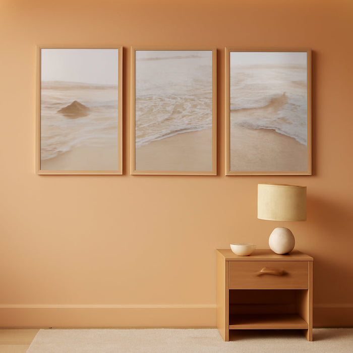 Beach Wall Art Decor Coastal Wall Art Pictures Ocean Canvas Wall Art Beige Beachy Wall Decor Boho Beach Prints Ocean Painting Coastal Artwork for Bedroom Living Room 16X24 Inch Wood Framed Set of 3