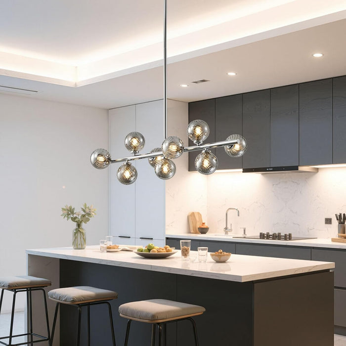 Mid Century Modern Sputnik Chandeliers,9-Light Dining Room Light Fixture | Globe Smoke Grey Glass Dining Room Chandeliers,Chrome Long Linear Sputnik Ceiling Light,Modern Pendant Light Kitchen Island