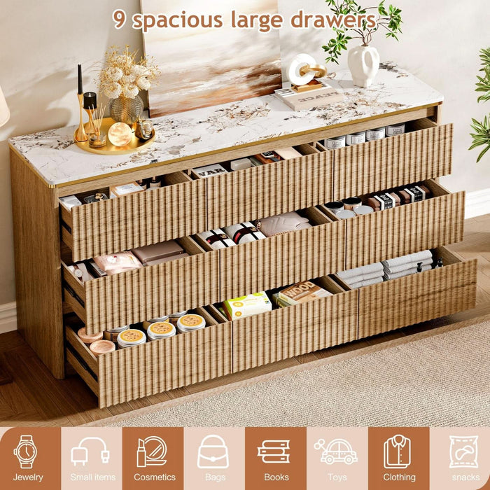 Fluted Dresser for Bedroom with 9 Drawers,62.99" Modern Chest of Drawers with Faux Marble Top, Curved Profile Design,Dresser TV Stand, Wood Drawer Organizer for Living Room, Hallway, Wood