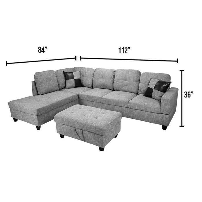 112 In. Square Arm 3-Piece Linen L-Shaped Sectional Sofa in Light Gray