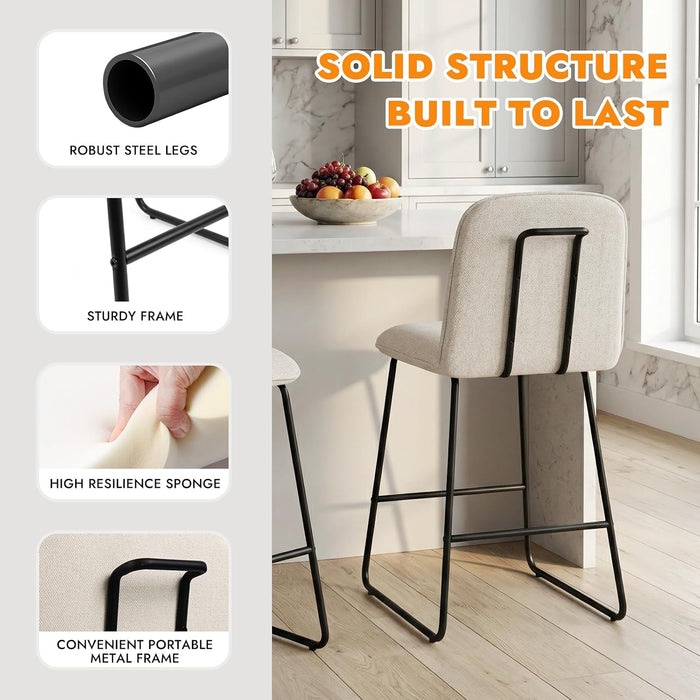 Bar Stools Set of 2, 26" Counter Height Bar Stools with Back, Modern Linen Fabric Upholstered Barstools with Metal Frame & Footrest for Kitchen Island, Home Bar, Beige