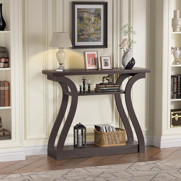 47" Wood Console Table for Entryway, Narrow Sofa Table with 3-Tier Shelves, Curved Legs Farmhouse Hallway Table, Skinny Console Table behind Couch, Rustic Wooden Entry Table for Living Room (Brown)