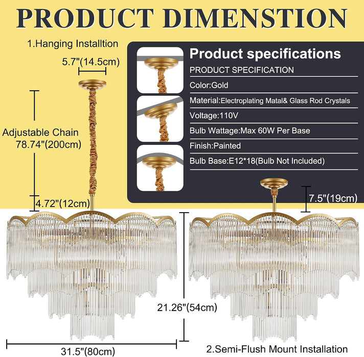 31.5" Gold Clear Glass Crystal Chandelier 18-Light Modern Crystal Pendant Ceiling Light Fixture 4-Tier Luxury Glass Chandeliers,For Dining Room Kitchen Island Living Room Bedroom