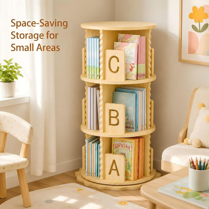Rotating Bookshelf, 360° Spinning Bookcase for Small Spaces, Floor Standing Wooden Book Organizer, Narrow Corner Shelf for Bedroom, Study Room(3 Tier)