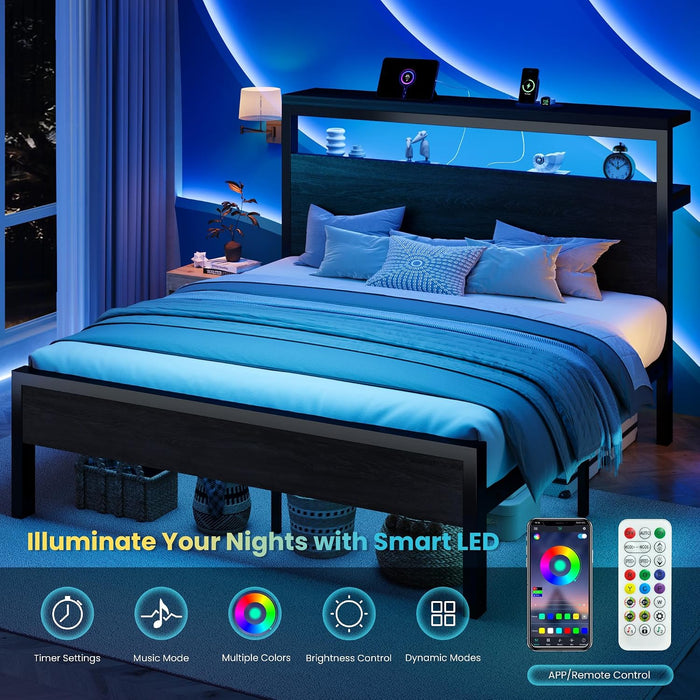 Queen Bed Frame, 2-Tier Storage Headboard, LED, Charging Station