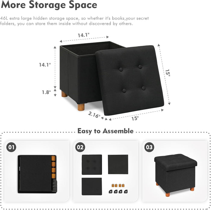 Storage Ottoman with Tray, Foot Stools and Ottomans with Legs, Storage Cube Seat Linen Black 15"