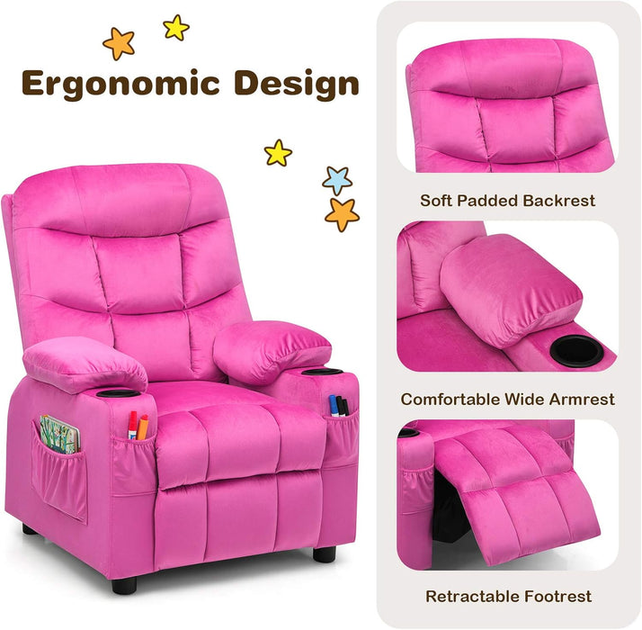 Kids Velvet Recliner Chair with Cup Holder, Footrest & Side Pockets for Children Boys Girls Baby Bedroom, Adjustable, Ergonomic Toddler Furniture Sofa Gifts (Rose)