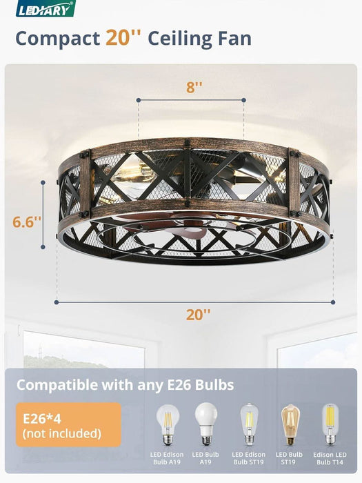 20" Caged Ceiling Fan with Light, App&Remote Control, Small Flush Mount Farmhouse Fan Lights, Low Profile Rustic Bladeless Ceiling Fan Fixtures for Bedroom, Kitchen-Black Gold Color
