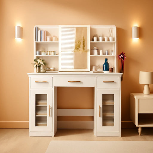 Vanity Desk with Mirror and Lights, 43.5" Makeup Vanity with 3 Adjustable Lighting Modes, Large Vanity Desk with Sliding Mirror with 4 Drawers & 2 Cabinets, Power Outlets, White