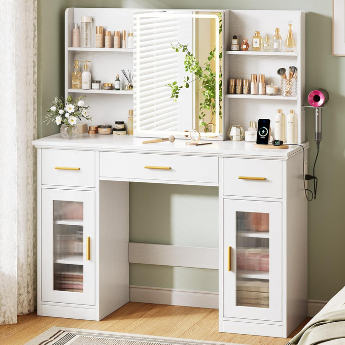 Vanity Desk with Mirror and Lights, 43.5" Makeup Vanity with 3 Adjustable Lighting Modes, Large Vanity Desk with Sliding Mirror with 4 Drawers & 2 Cabinets, Power Outlets, White