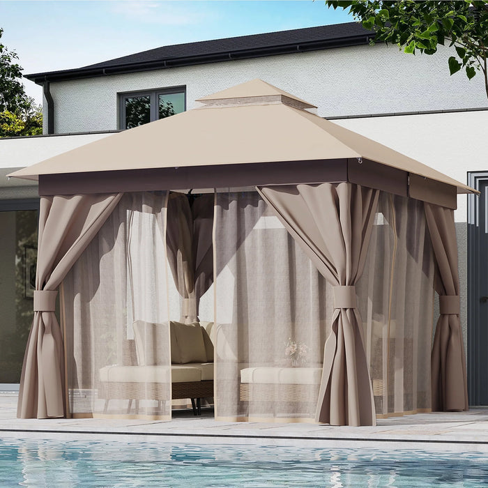 10'X10' Patio Gazebo, Double Roof Outdoor Shelter Tent with Mosquito Nettings and Privacy Screens, Khaki