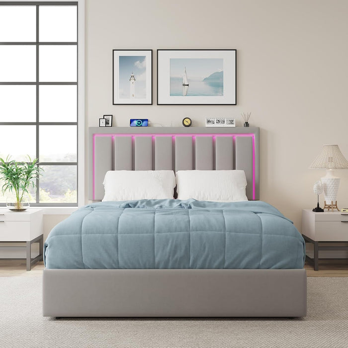 Queen Size Upholstered Platform Bed Frame, Wooden Slats Support with 4 Storage Drawers, Built in Charging Station & LED, Noise-Free, No Box Spring Needed, Grey