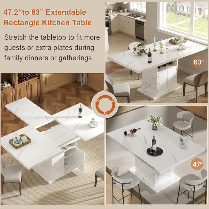 Extendable Dining Table for 4-6, 47-63 Inch Faux Marble Rectangle Kitchen Table with Storage Shelves and Wine Rack, Expandable Modern Rectangular Dinner Table for Kitchen, Dining Room, White