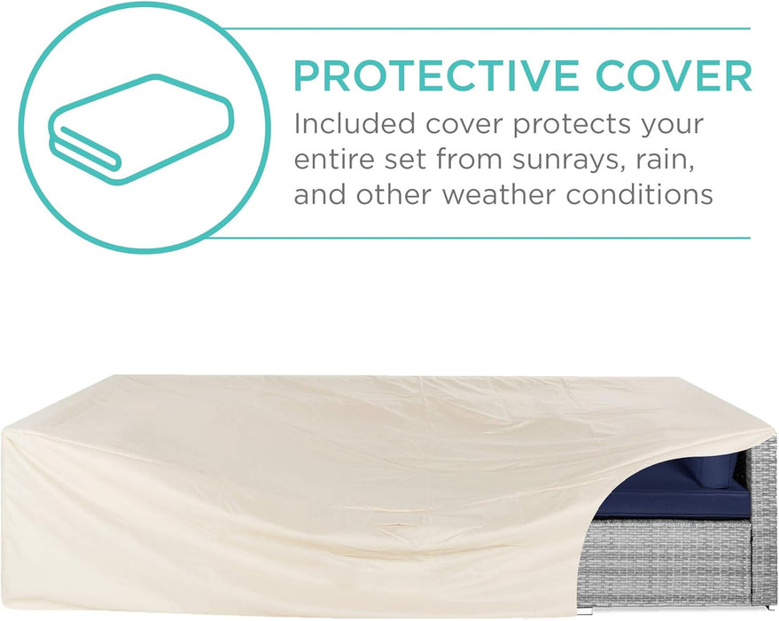 7-Piece Modular Outdoor Sectional Wicker Patio Conversation Set W/ 2 Pillows, Coffee Table, Cover Included - Gray/Navy