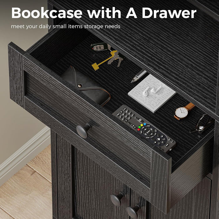 Book Shelf & Bookcase with Doors and Drawer, 6-Tier Tall Bookshelf, Floor Standing Display Storage Shelves for Home Office, Living Room, Black