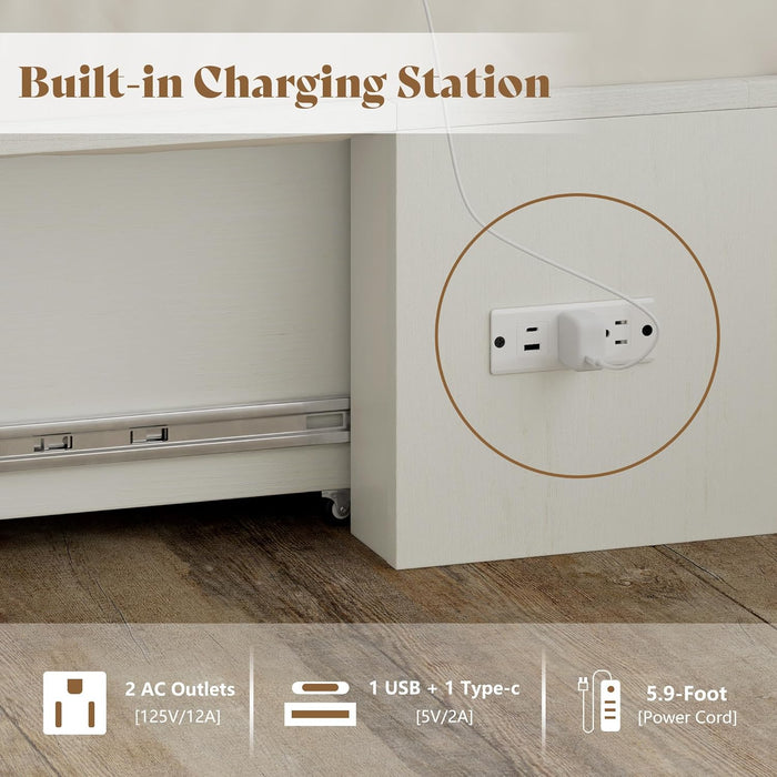 Queen Size Murphy Bed, Farmhouse Wooden Cabinet with Charging Station and Storage Drawer for Bedroom/Office/Guest Room, White+Barnwood