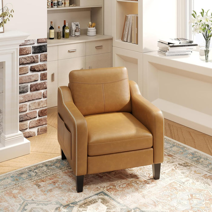 PU Leather Accent Chair, Mid-Century Modern Living Room Armchair Sofa with Removable Cushions, Solid Wood Frame & Stitched Armrest Design, Bedroom Chair with Plastic Legs, Brown