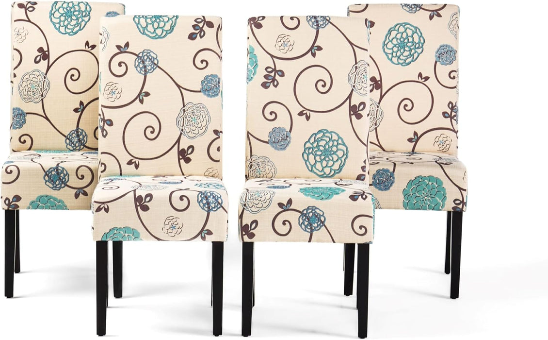 Evangeline Contemporary Fabric Dining Chairs (Set of 4), 17.5D X 26.75W X 39H Inch, Light Beige with Blue Floral, Espresso