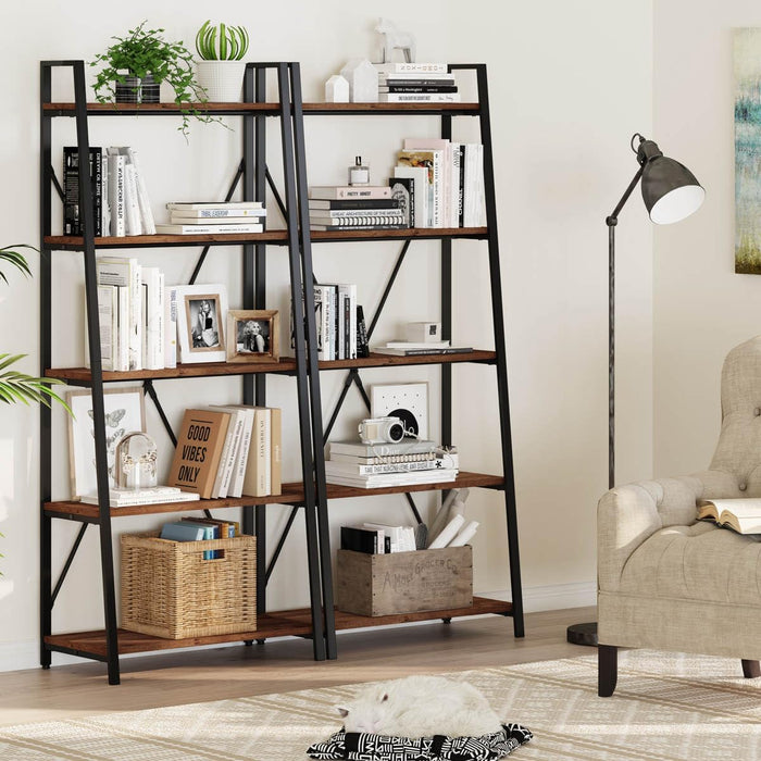 Ladder Shelf Bookcase, 5-Tier Industrial Ladder Bookshelf, Tall Living Room Shelves, Wood and Metal Leaning Shelf for Home Office, Kitchen, Bedroom, Balcony (Rustic Oak)