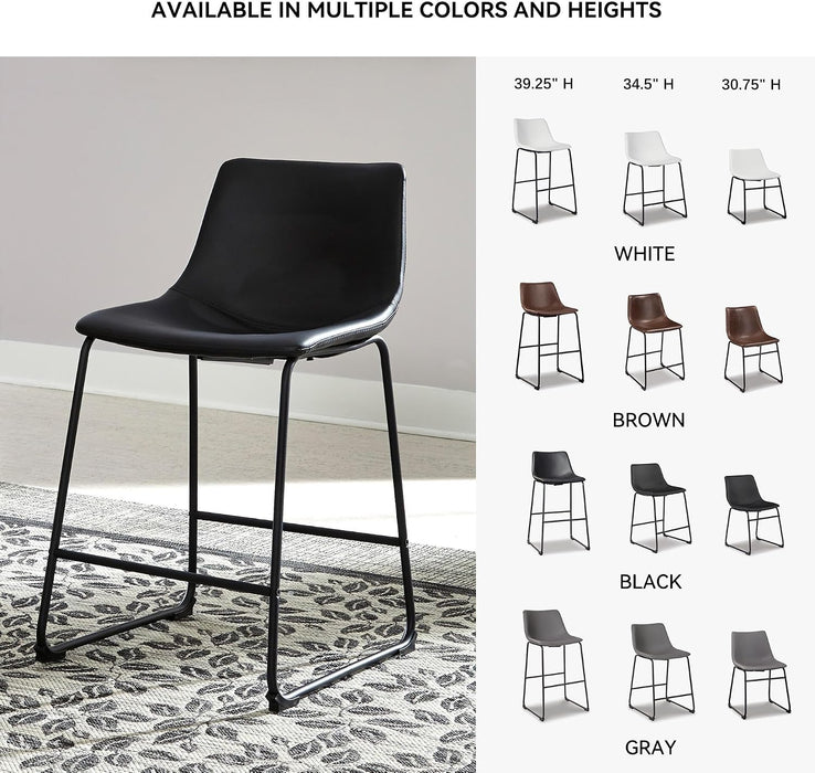 Signature Design by Ashley Counter Height Bar Stool, Set of 2, Black | French Black Faux Leather, Contoured Bucket Seat, Sturdy Metal Frame, 24 Inch Class, Centiar Series