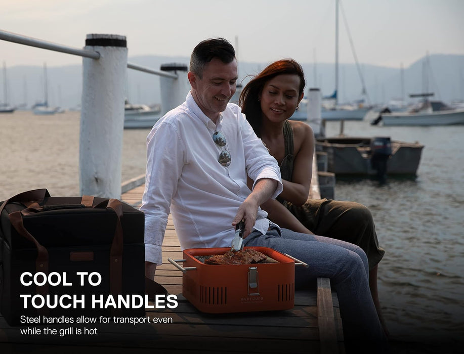 CUBE Portable Charcoal Grill, Tabletop BBQ, Perfect Tailgate, Beach, Patio, or Camping Grill, Lightweight & Compact Small Grill with Preparation Board & Food Storage Tray, Matte Black