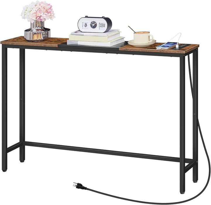 Narrow Console Table with Power Outlets, 44.9 Inches Sofa Table, Slim behind Couch Table, Entryway Table with Display Shelf, for Living Room, Foyer, Hallway, Rustic Brown and Black BF114UXG01