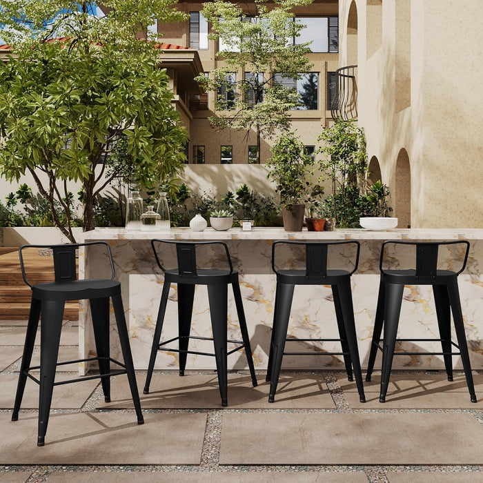 24Inch Outdoor Metal Bar Stools Set of 4 Patio Stool Counter Height Barstools Large Seat Industrial Counter Stool Kitchen Bar Chairs Indoor-Low Back, Black