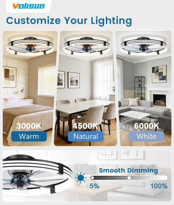Low Profile Ceiling Fans with Lights and Remote, 24In Flush Mount Ceiling Fan with Light, 3000K-6500K Dimmable Fandelier LED Fan Light, Black Bladeless Ceiling Fans with Lights for Bedroom
