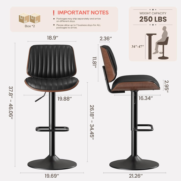 Bar Stools Set of 3, Adjustable Counter Height Bar Chairs 26"-34.5" with Swivel & Footrest, Modern Faux Leather Barstools for Kitchen Island, Dining Room,Pub,Black