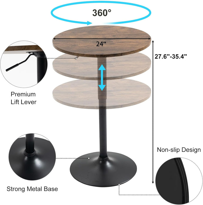 24" round Bar Table, Bistro Pub Table, Adjustable Height Pub Table, 360° Swivel Cocktail Bar Table with Metal Base and MDF Top, Suitable for Small Space, Bar, Bistro, Café, Brown