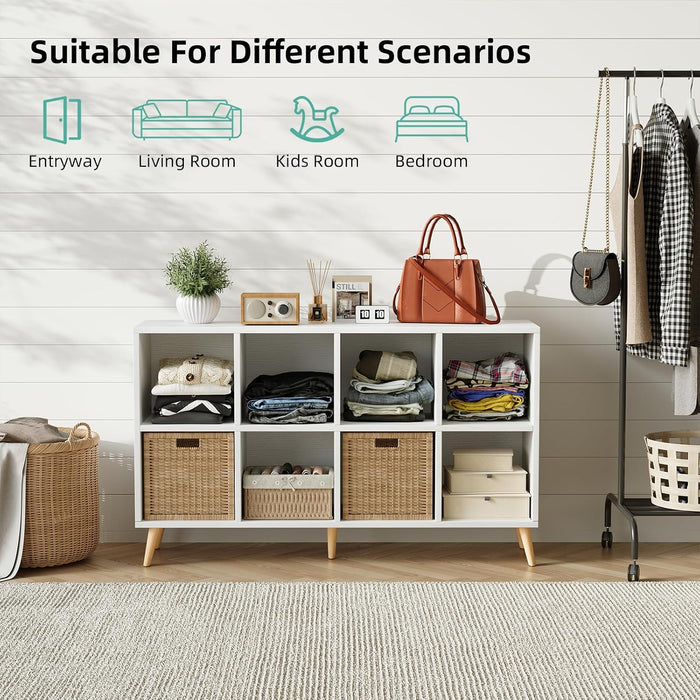 8-Cube Bookshelf 2 Tier Modern Bookcase with Legs, 11In Shelf Opening, 47" Wood Bookshelves Storage Organizer Shelf, Freestanding Open Book Shelves for Bedroom Living Room Office, White