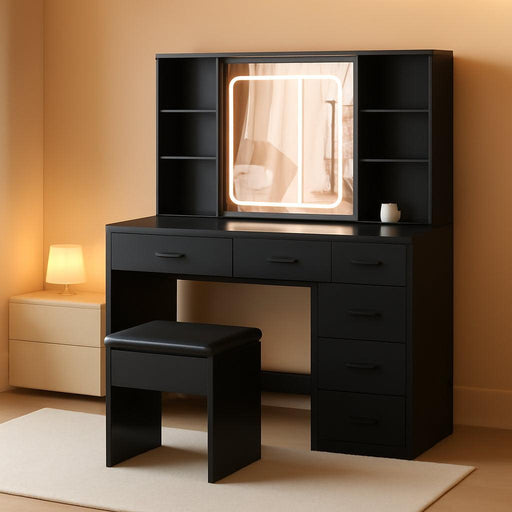 Large Vanity Desk Table Set with Mirror & Lights, Makeup Vanity with Power Outlet 5 Drawers & Storage Shelves 3 Lighting Modes Adjustable Dressing Table with Stool (Black)