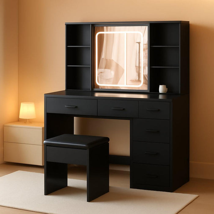 Large Vanity Desk Table Set with Mirror & Lights, Makeup Vanity with Power Outlet 5 Drawers & Storage Shelves 3 Lighting Modes Adjustable Dressing Table with Stool (Black)