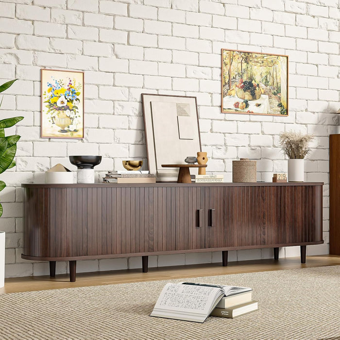 70" Mid Century Modern TV Stand with Sliding Doors, Wood Entertainment Center with Storage and Adjustable Shelves, Fluted Media TV Consoles for Living Room, Walnut